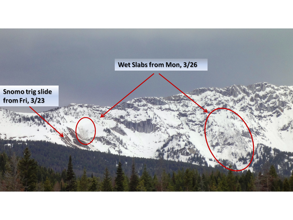 Wet Slab avalanches north of Ross Peak